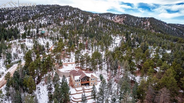 snowy aerial view with a mountain view