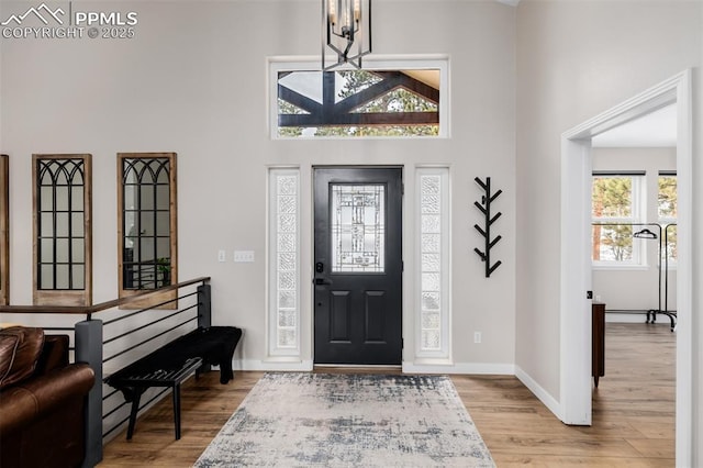 entrance foyer with light hardwood / wood-style floors and a high ceiling