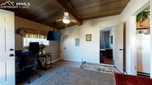 carpeted office space with wood ceiling, electric panel, ceiling fan, and lofted ceiling with beams