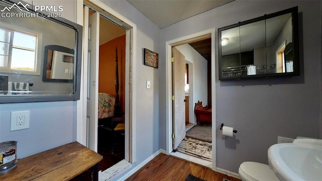 bathroom featuring toilet, sink, and hardwood / wood-style flooring