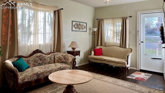 sitting room with a textured ceiling and dark hardwood / wood-style floors