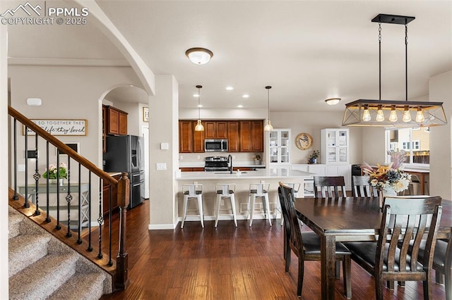 dining area featuring sink and dark wood-type flooring