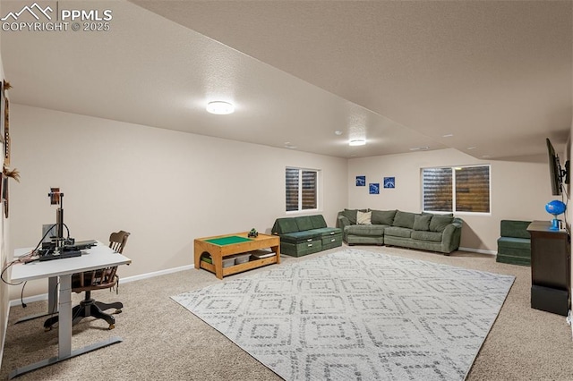 rec room with carpet flooring and a textured ceiling