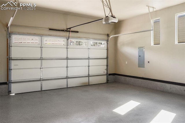 garage with electric panel and a garage door opener