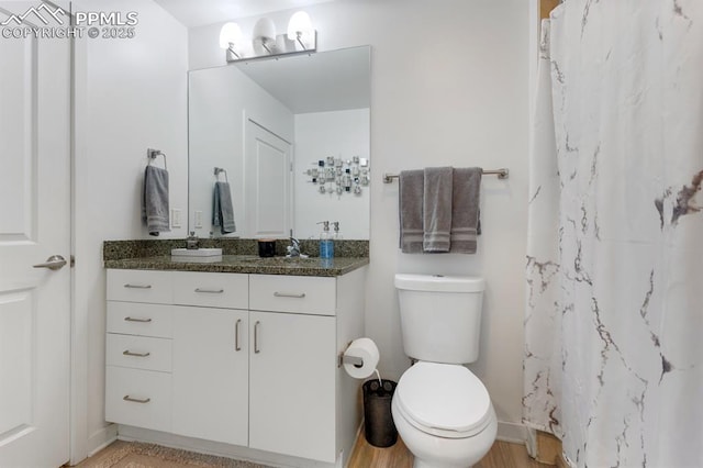 bathroom featuring vanity, curtained shower, and toilet