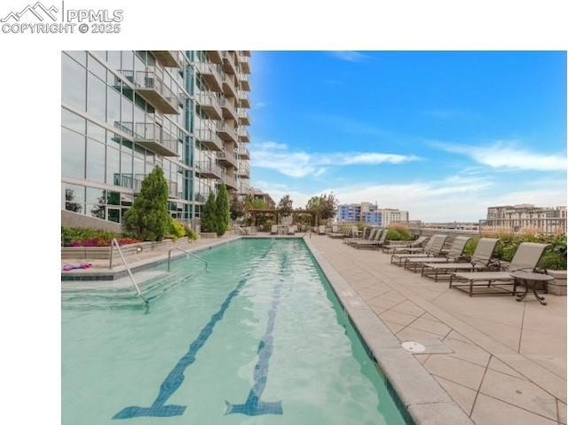 view of swimming pool featuring a patio area