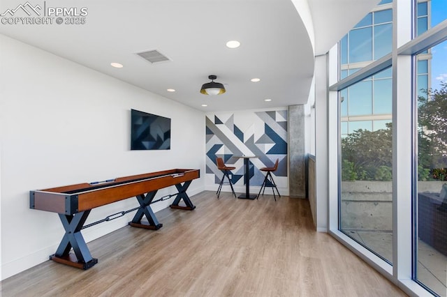 playroom featuring expansive windows, a wealth of natural light, and light hardwood / wood-style flooring