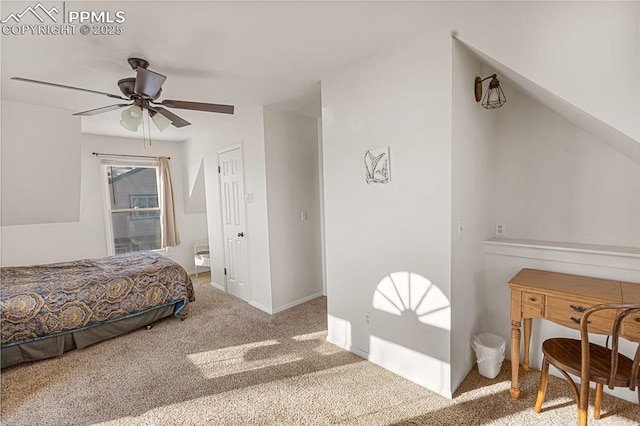 bedroom featuring ceiling fan and carpet