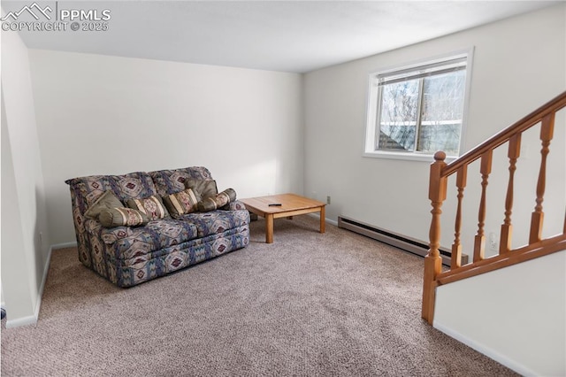 living area featuring carpet flooring and a baseboard radiator