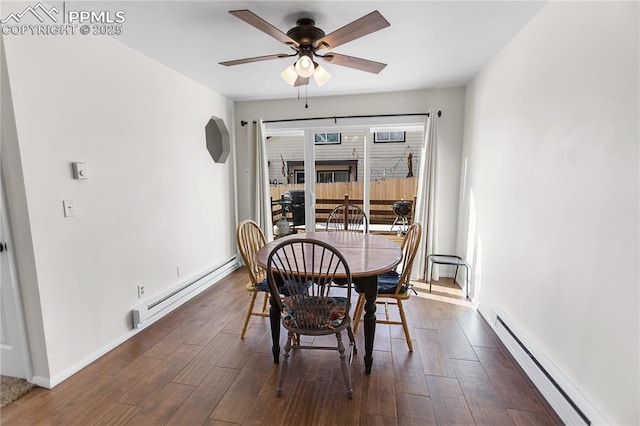 dining area featuring ceiling fan, dark wood-type flooring, and a baseboard radiator