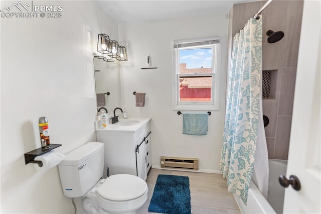 full bathroom with baseboard heating, vanity, shower / bath combination with curtain, and toilet