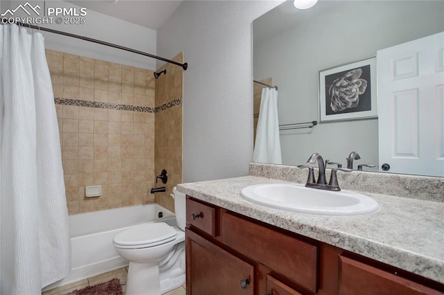 full bathroom featuring tile patterned flooring, vanity, toilet, and shower / tub combo with curtain