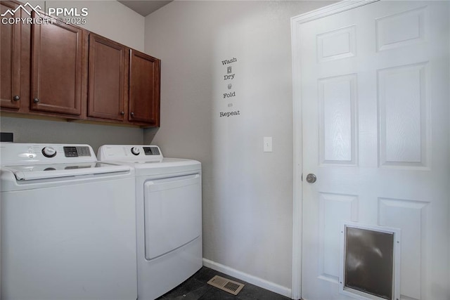 washroom featuring cabinets and independent washer and dryer