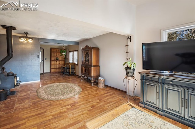 living room with hardwood / wood-style flooring, a wood stove, and a healthy amount of sunlight