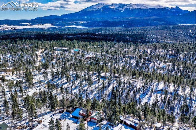 snowy aerial view with a mountain view