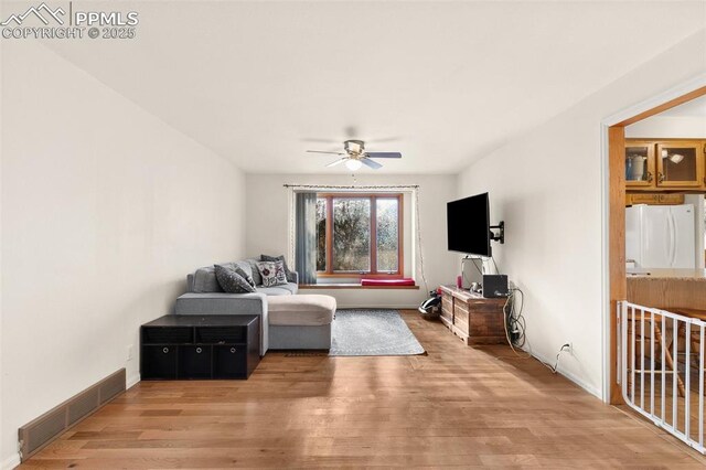 living room with light hardwood / wood-style flooring and ceiling fan