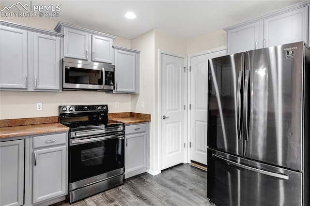 kitchen with gray cabinets, dark hardwood / wood-style floors, and appliances with stainless steel finishes