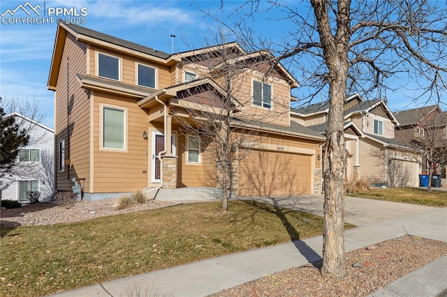 craftsman inspired home with a garage and a front yard