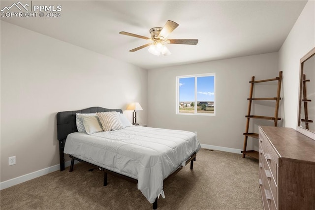 bedroom with ceiling fan and light carpet