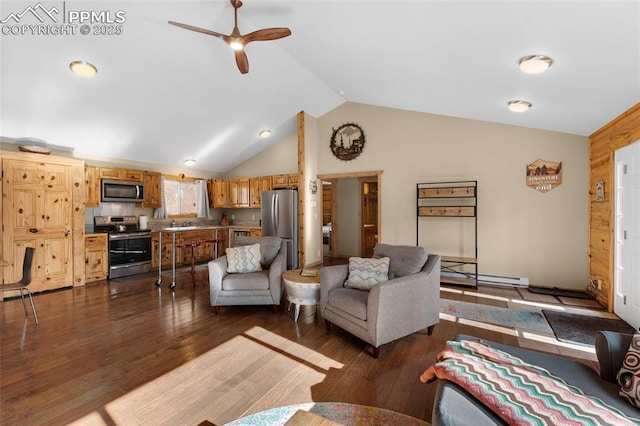 living room with ceiling fan, a baseboard radiator, dark hardwood / wood-style floors, vaulted ceiling, and wooden walls