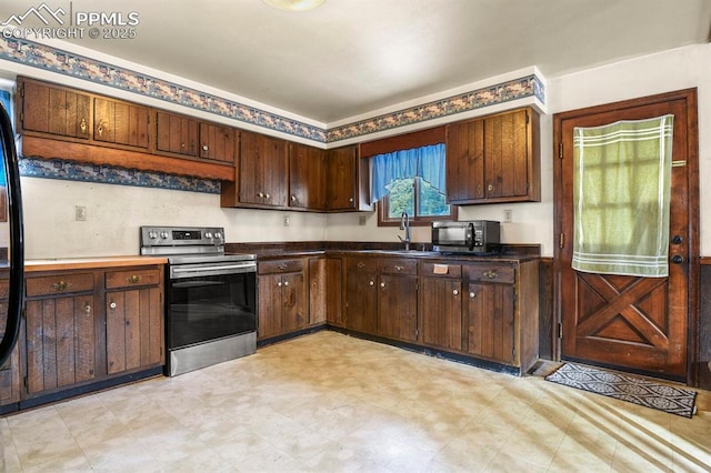 kitchen with dark brown cabinets, stainless steel range with electric stovetop, and sink