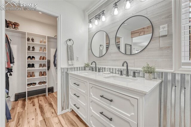 bathroom featuring backsplash, vanity, and wood-type flooring