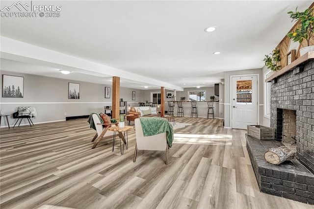 living room with a fireplace and light hardwood / wood-style flooring