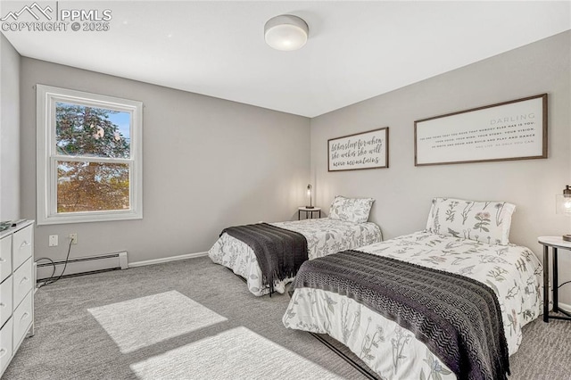 carpeted bedroom featuring a baseboard radiator