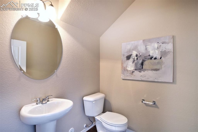 bathroom with toilet, lofted ceiling, and sink