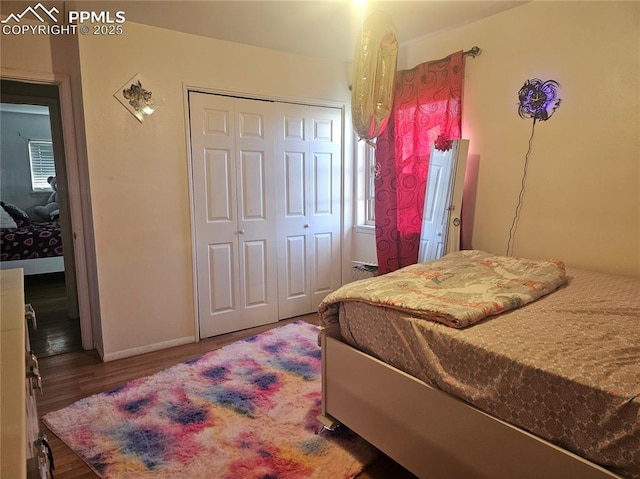 bedroom with wood-type flooring and a closet