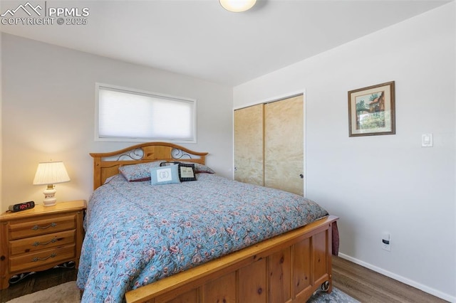 bedroom with dark hardwood / wood-style flooring and a closet