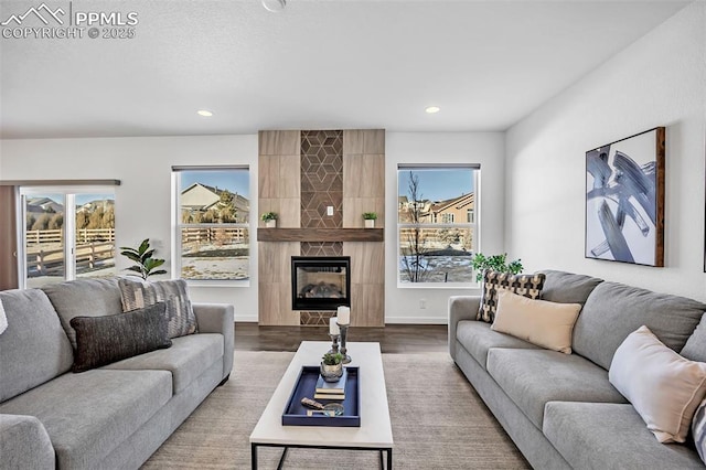 living room featuring wood-type flooring, a tile fireplace, and a wealth of natural light