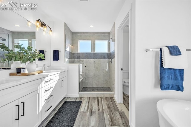 full bathroom featuring wood-type flooring, toilet, independent shower and bath, and vanity