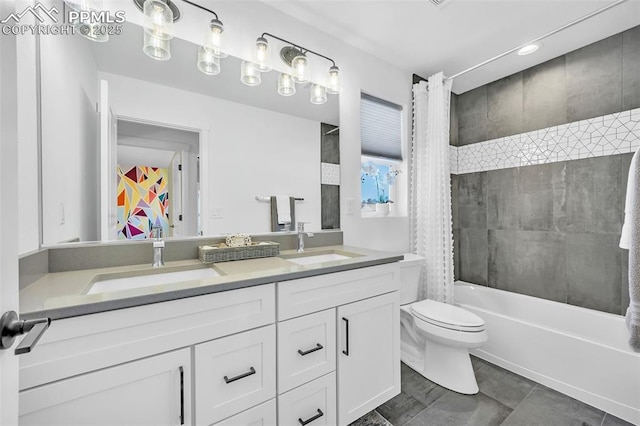 full bathroom with toilet, vanity, and shower / bath combo with shower curtain