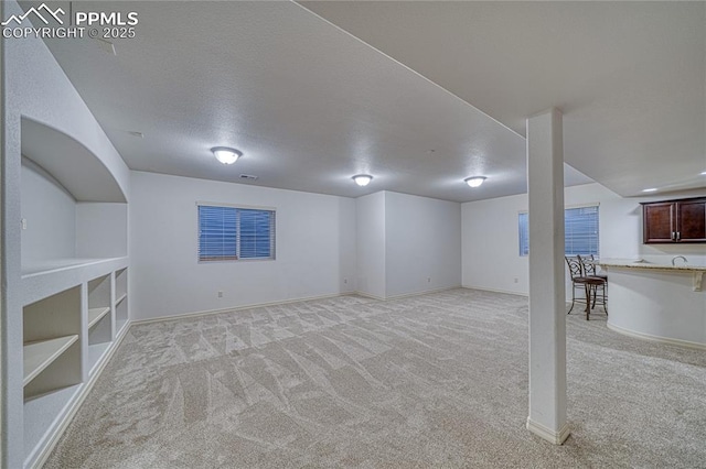 basement with light carpet and built in shelves