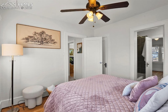 bedroom featuring ceiling fan and hardwood / wood-style floors