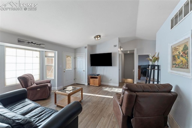 living room featuring hardwood / wood-style floors and vaulted ceiling