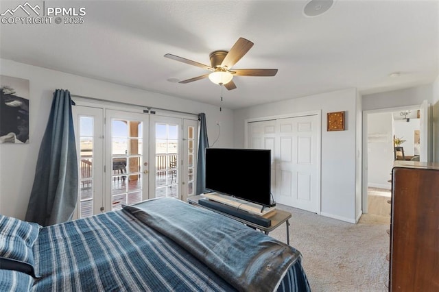 carpeted bedroom featuring access to exterior, french doors, and ceiling fan