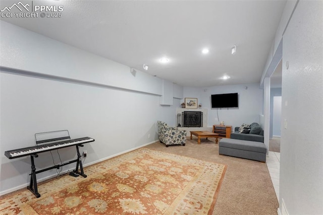 living room with light colored carpet