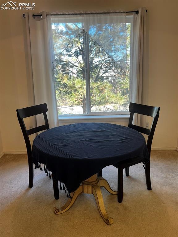 dining space with a healthy amount of sunlight and light colored carpet