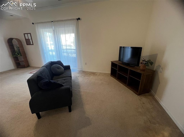 carpeted living room featuring crown molding