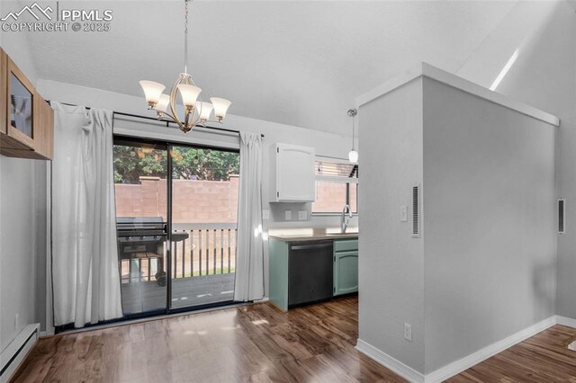 kitchen with dishwasher, sink, hanging light fixtures, and a baseboard radiator