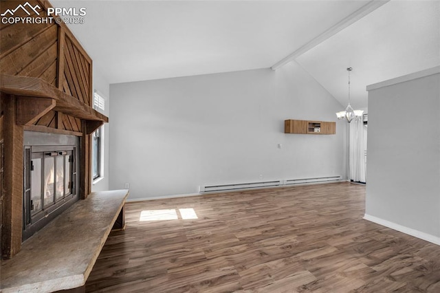 unfurnished living room featuring dark wood-type flooring, beam ceiling, a baseboard radiator, high vaulted ceiling, and a notable chandelier