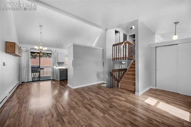 unfurnished living room with a baseboard radiator, wood-type flooring, ceiling fan with notable chandelier, and high vaulted ceiling