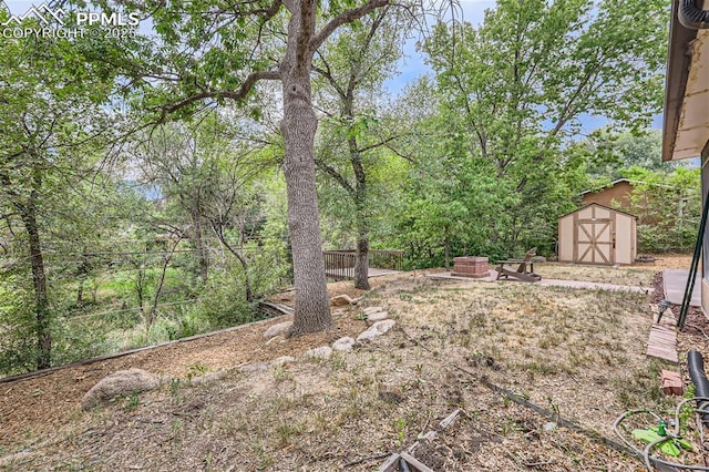 view of yard featuring an outdoor fire pit and a storage unit