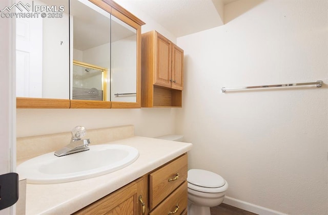 bathroom featuring vanity, toilet, and walk in shower