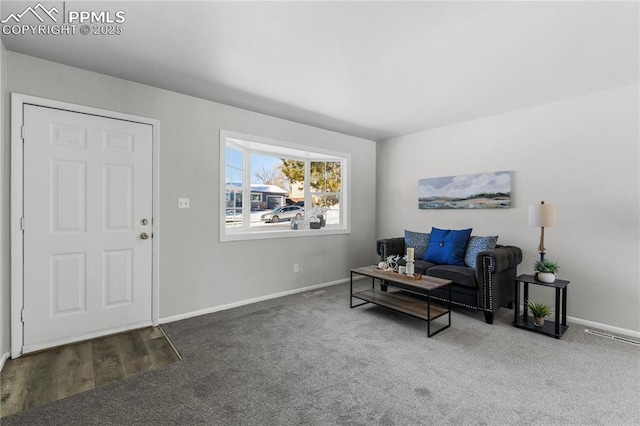 interior space with dark colored carpet