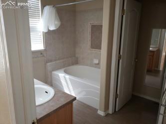 bathroom with vanity and a tub