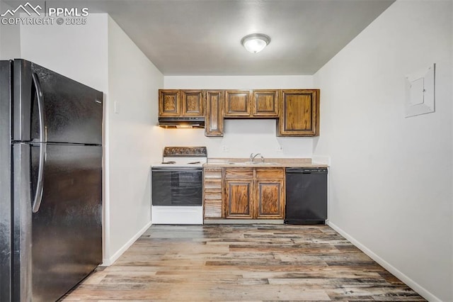 kitchen featuring sink, black appliances, and light hardwood / wood-style flooring