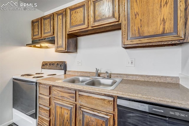 kitchen featuring white electric range oven, sink, and black dishwasher